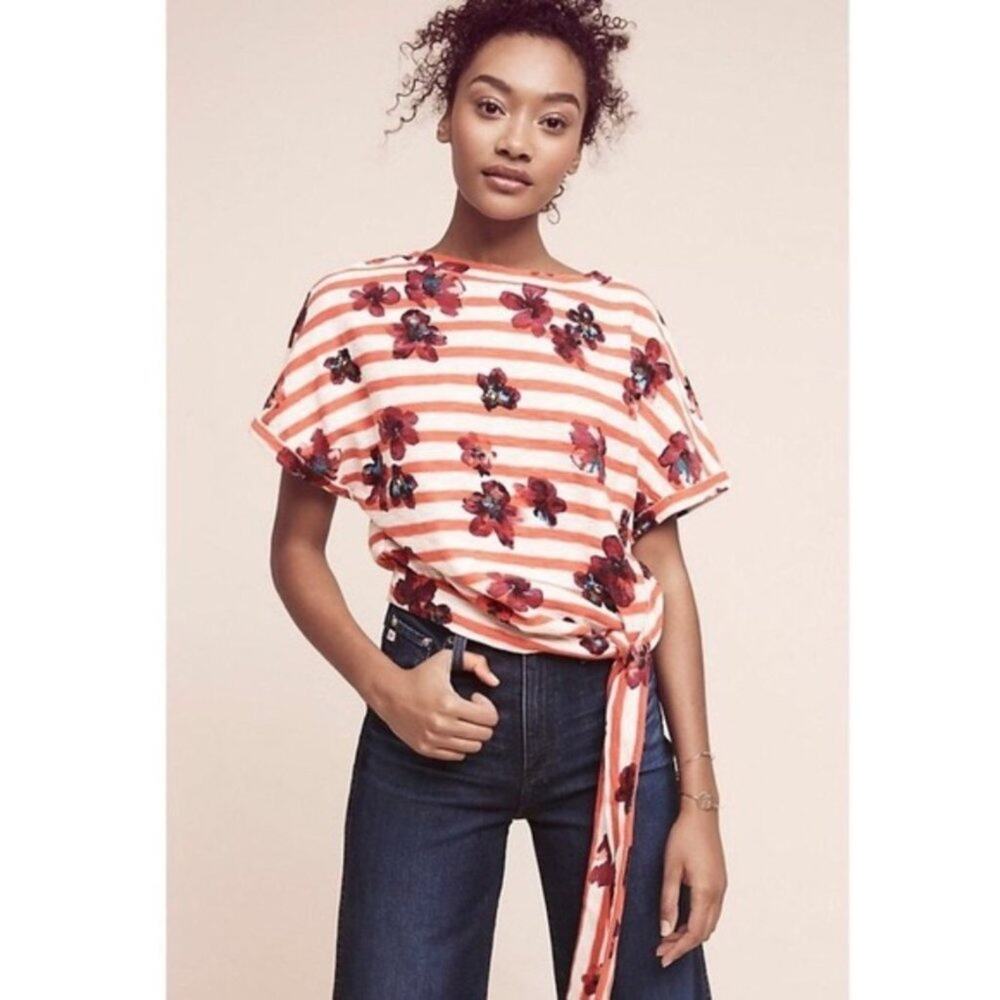 Anthropologie Postmark Striped Floral Crop Top Size S Red White Tie Front